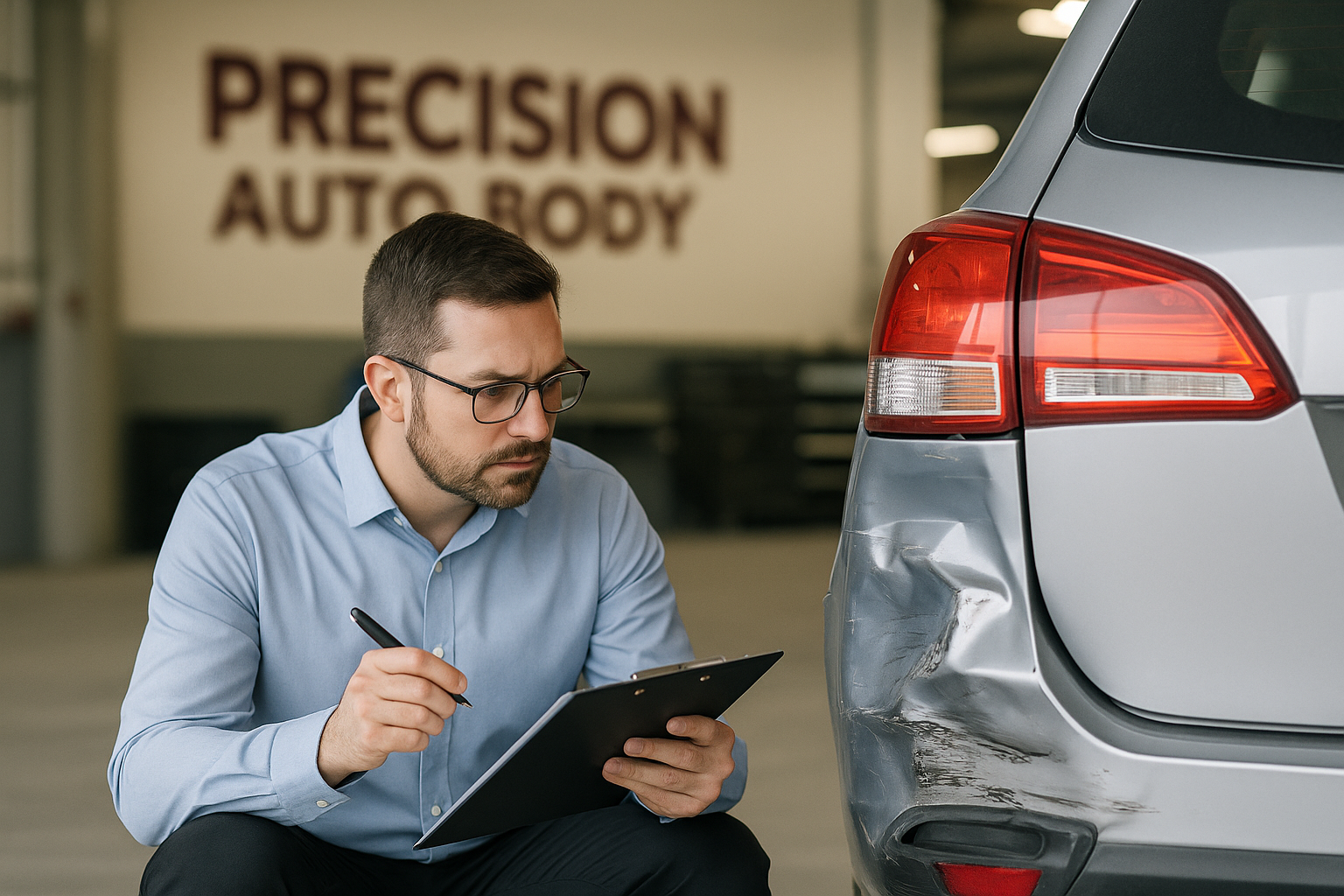 A friendly Precision Auto Body employee helping a customer with their Selective Insurance insurance claim.