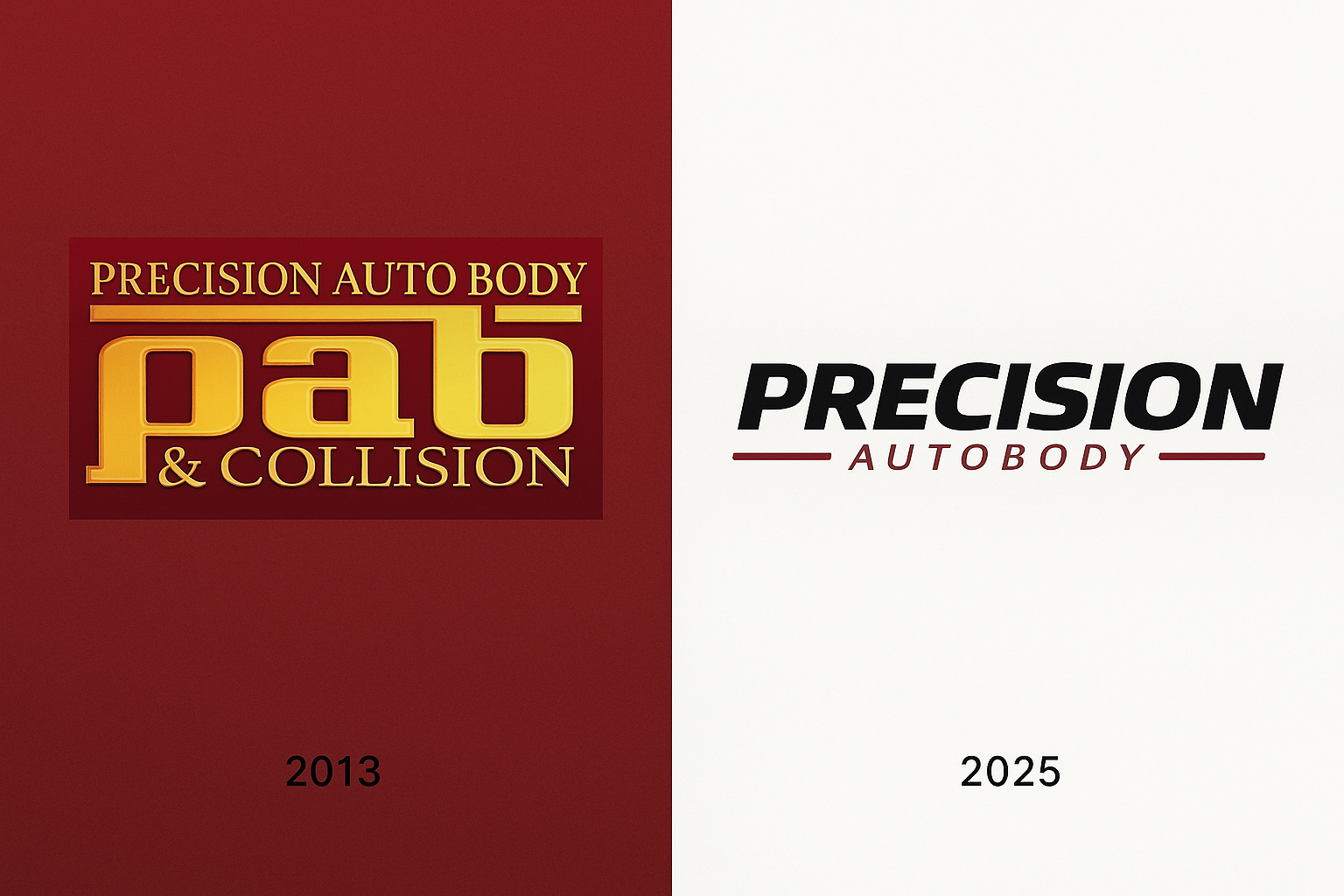 A timeline graphic showing the evolution of the Precision Auto Body logo from 1989 to the present day.