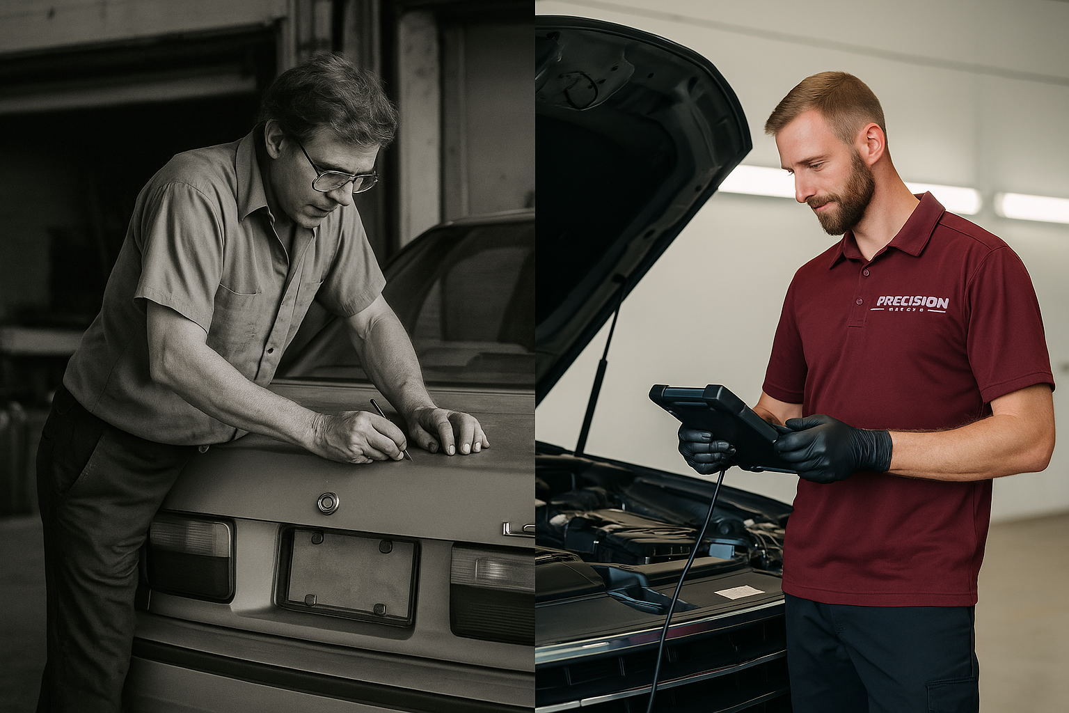 A retro, black and white photograph of the original Precision Auto Body shop front from the 1990s.